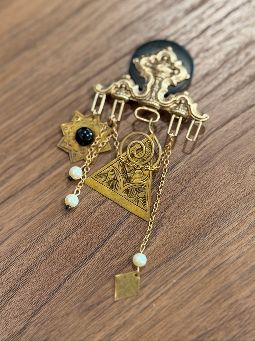 VTG Antique Victorian Brass Brooch Pin W/ Charms Etched Dangle Unique RARE